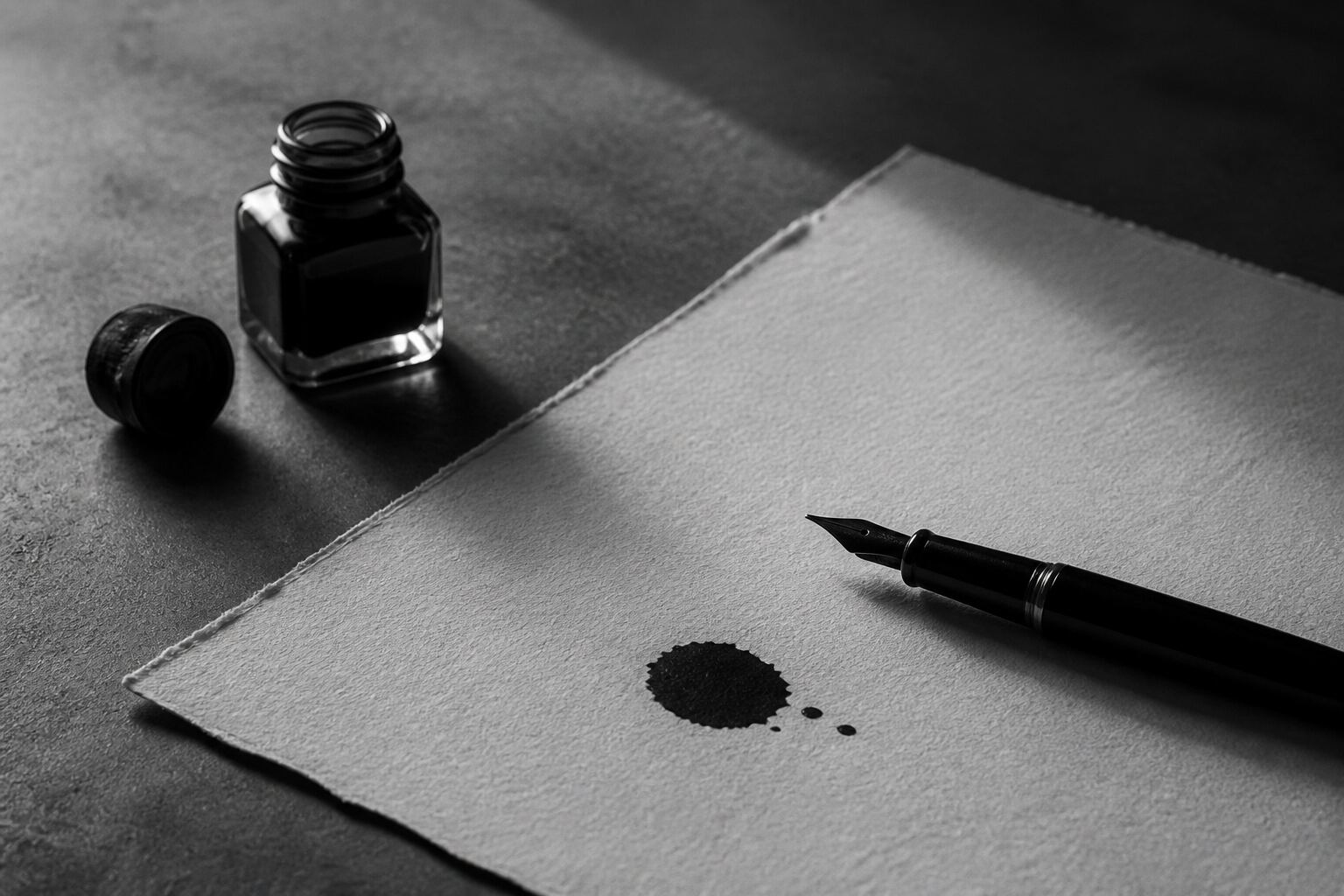 Black-and-white paper and ink still.