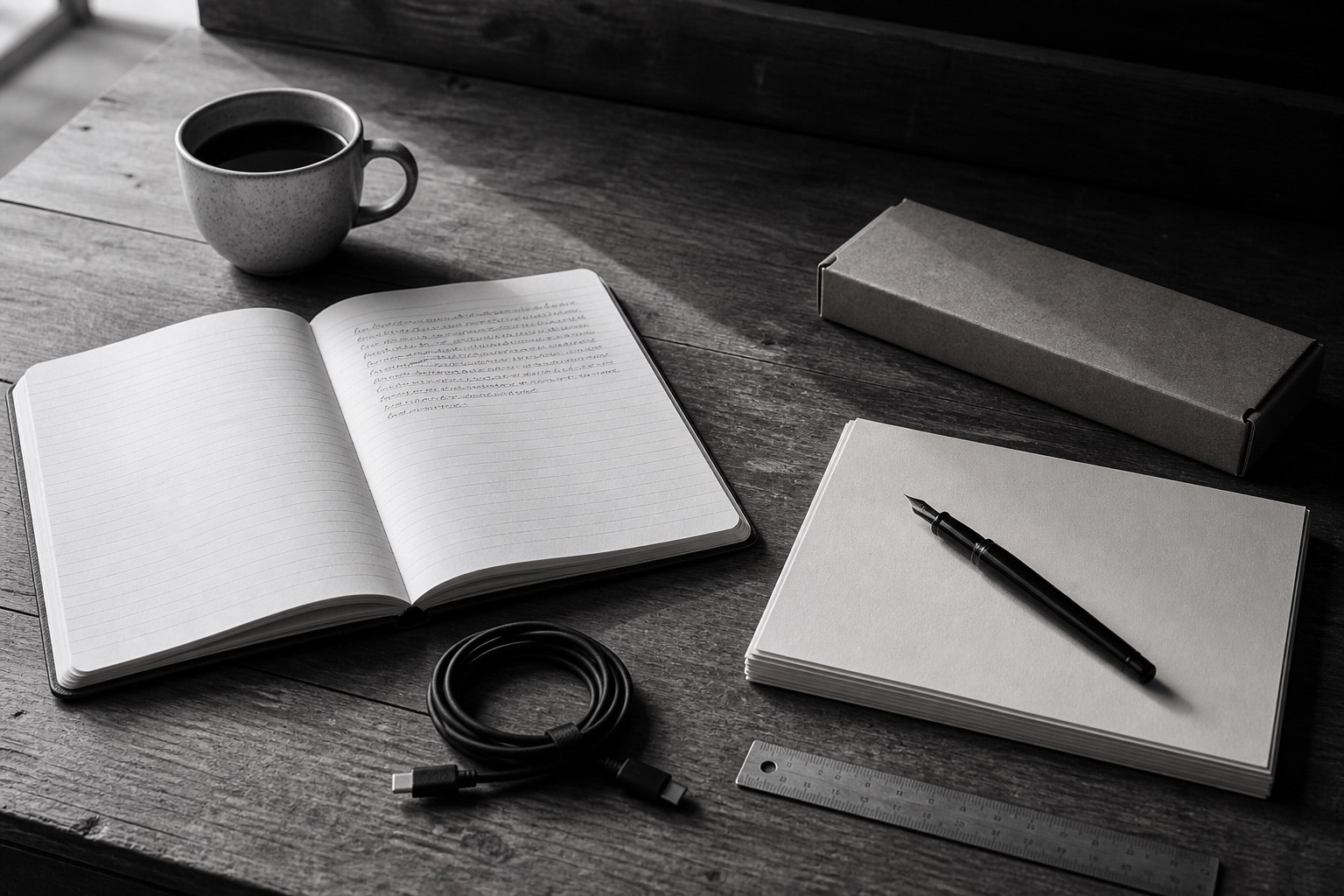 Black-and-white still of an open notebook, cup, cable, boxed product, paper, pen, and ruler.